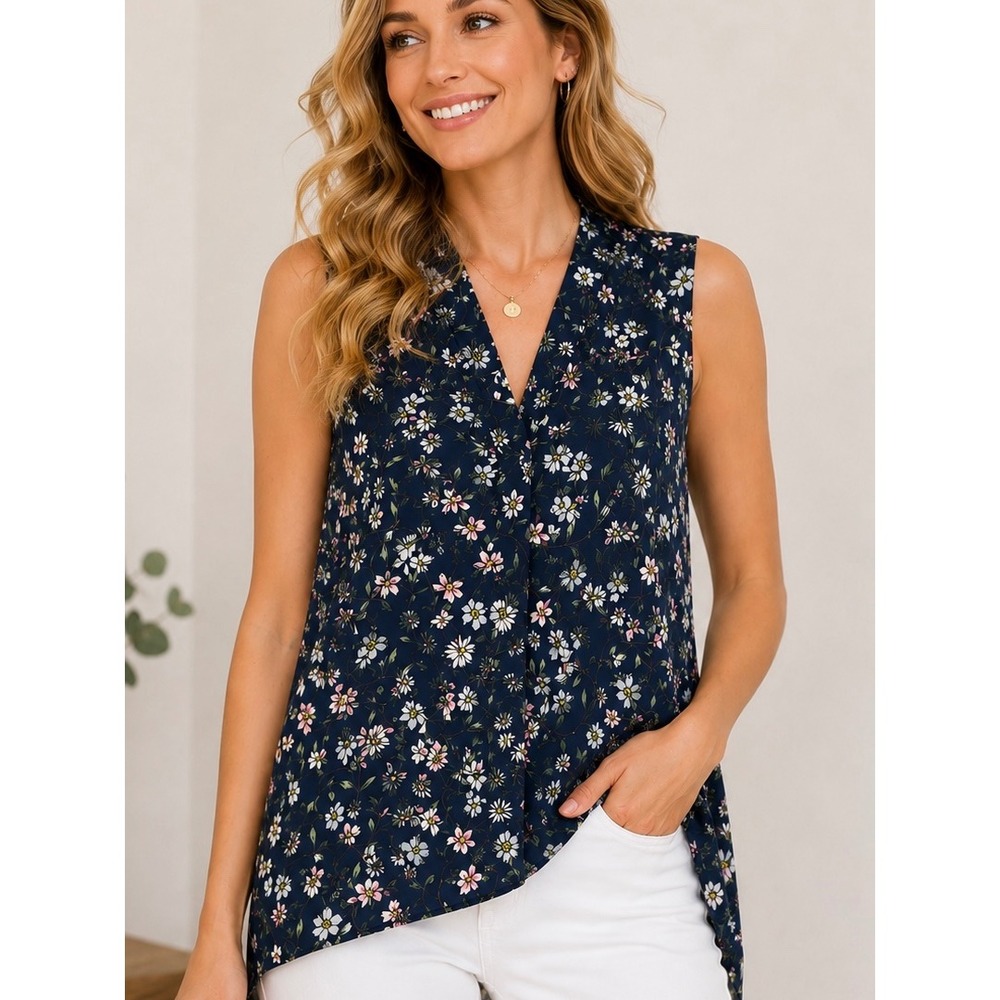 Floral & Ivy Navy Floral Sleeveless Blouse High Low Hem Sheer Overlay Large